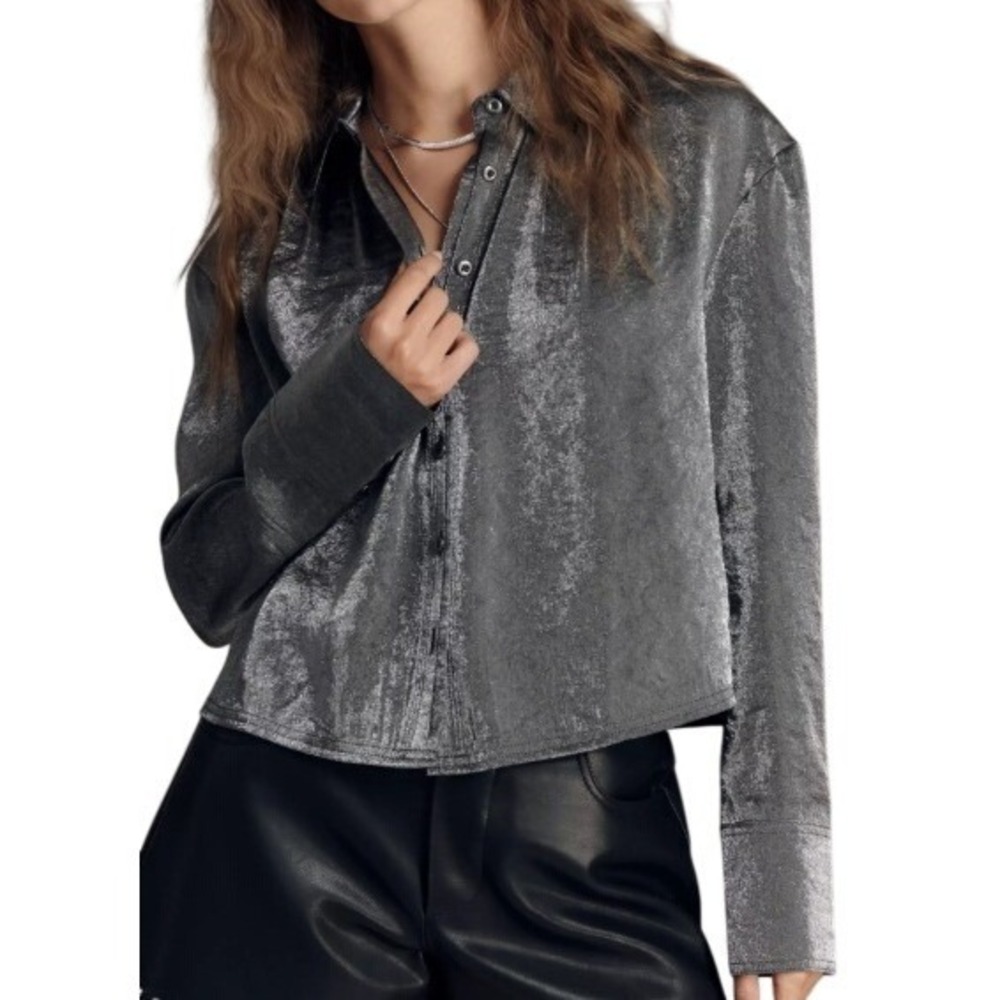 Pilcro Anthropologie Liquid Shine Cropped Shirt XXS Silver Club Party Night Out‎
